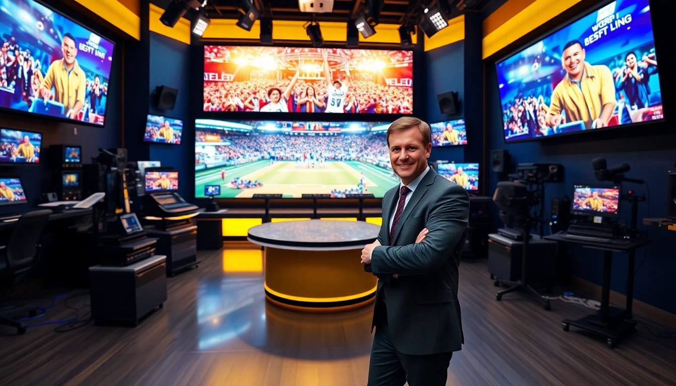 Engaging sports broadcasting scene featuring a broadcaster and vibrant screens.