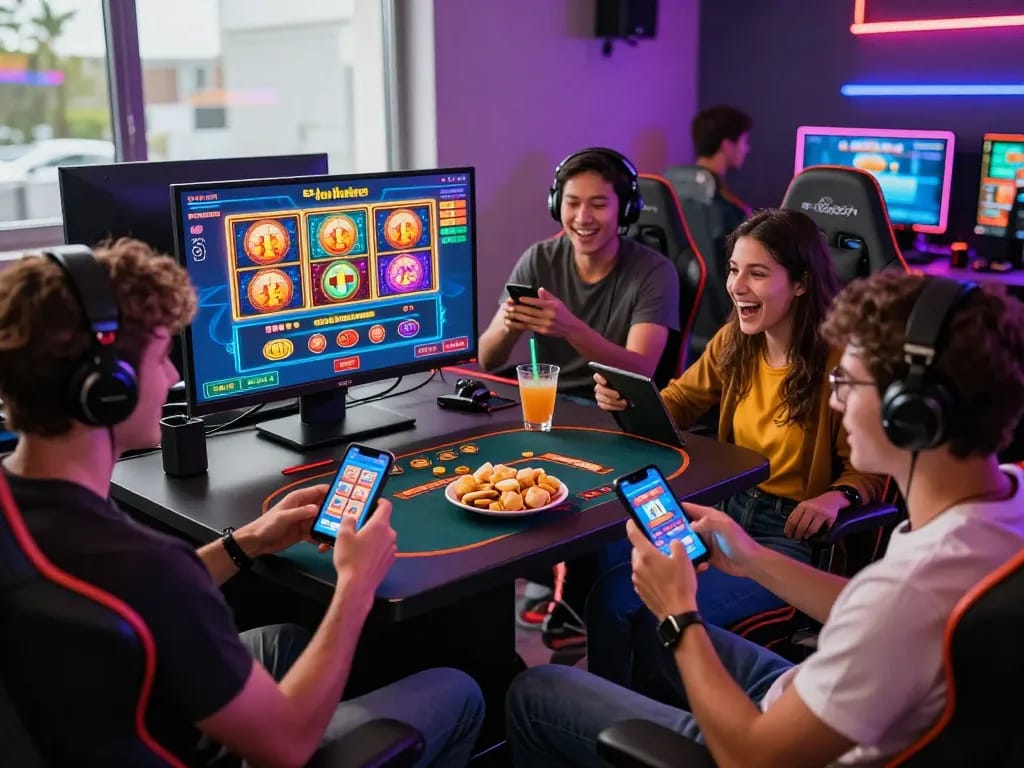 Engaging friends playing hitclub trực tuyến on mobile devices in a vibrant gaming room.
