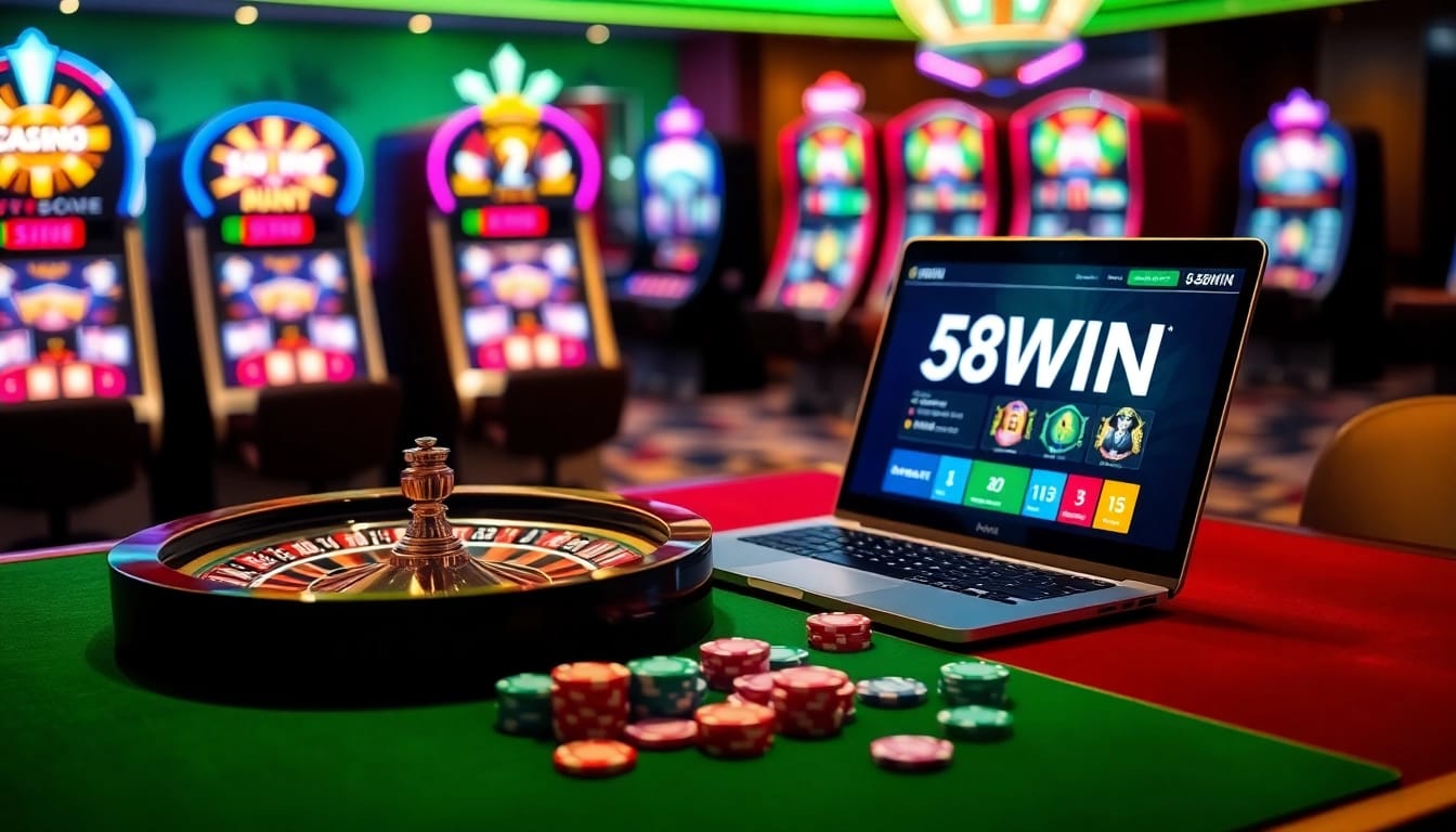 Engage in thrilling online gaming at 58WIN with luxurious casino scenes and vibrant visuals.