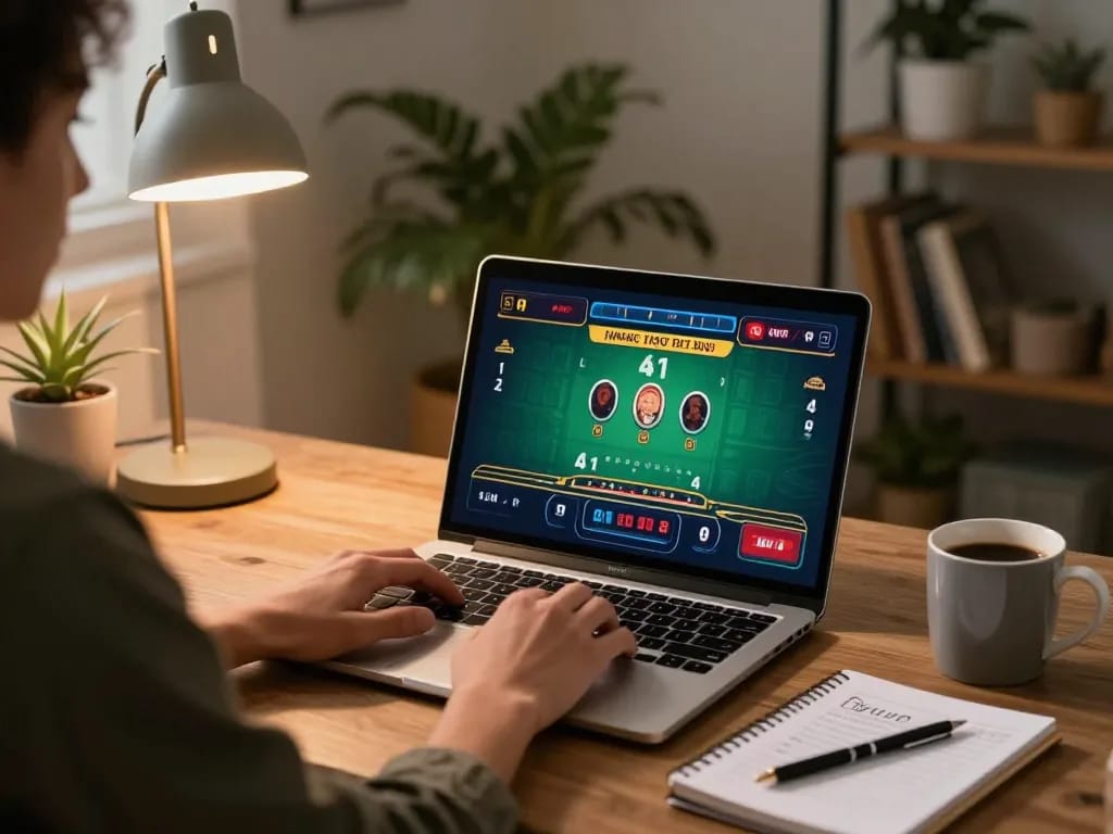 SHBET online gaming at home, focusing on strategy during a live dealer blackjack game.