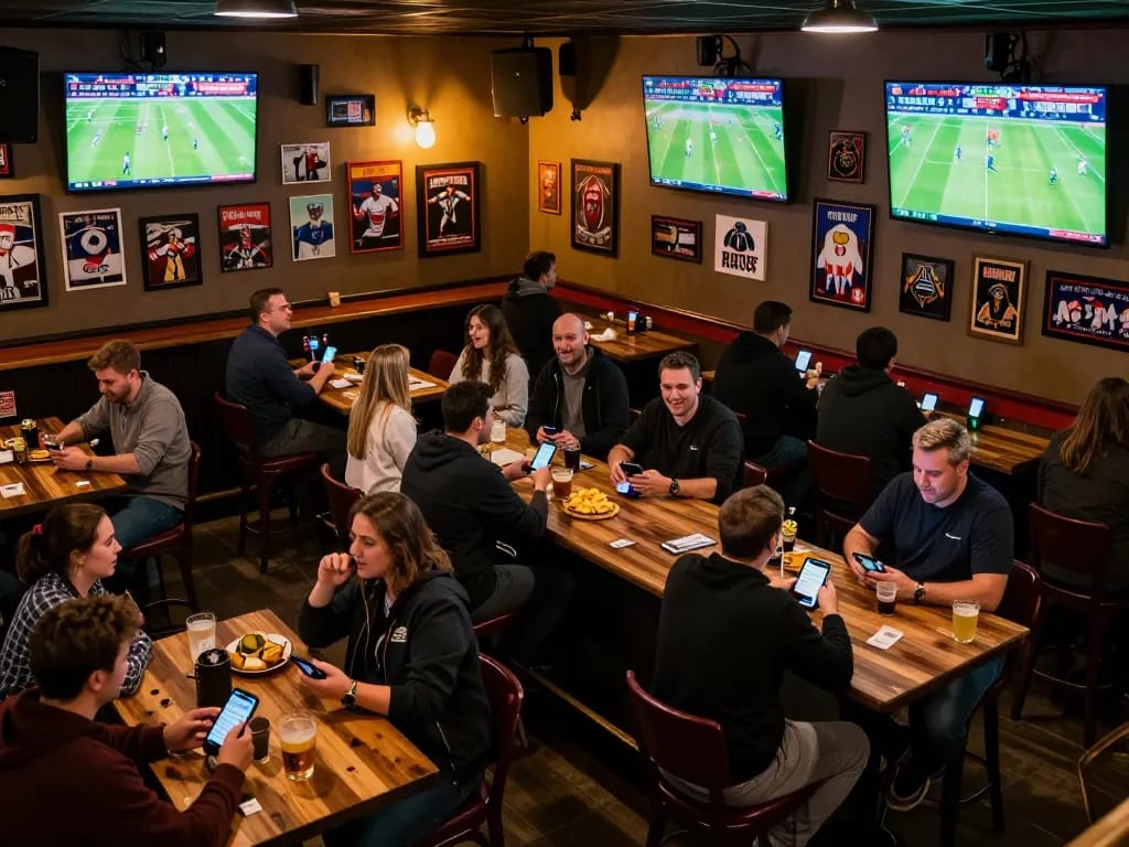 Excited patrons engaging in soi keo nha cai at a lively sports betting bar with screens showing matches.