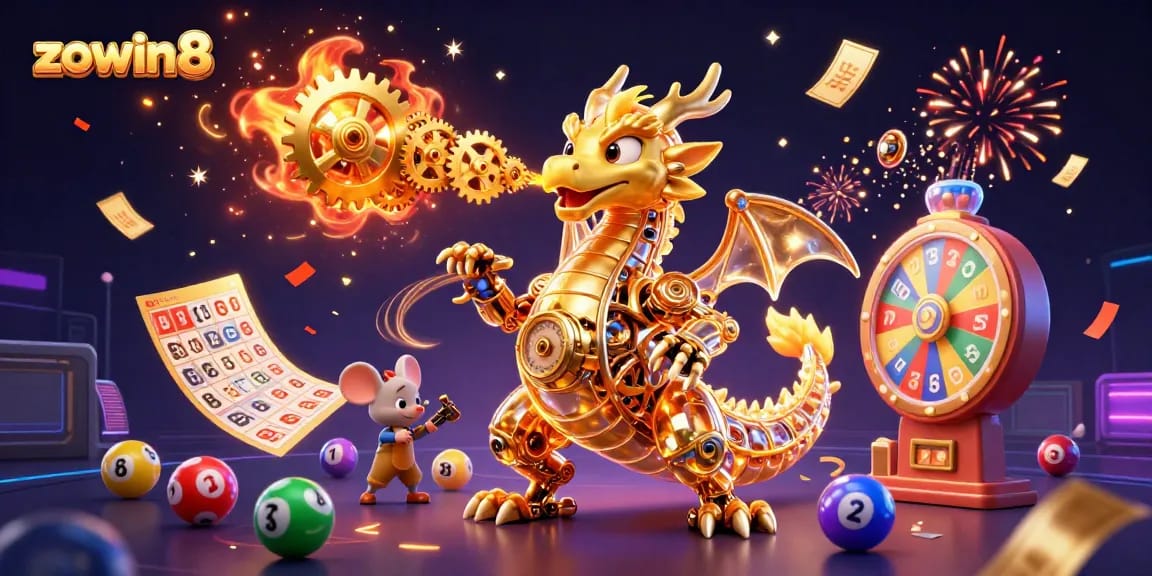 Experience the excitement of zowin8's vibrant gaming world filled with golden tickets and lottery balls.