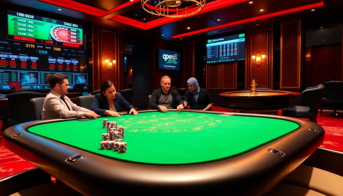 Playing poker in a luxurious atmosphere at open88 casino with vibrant chips and warm lighting.