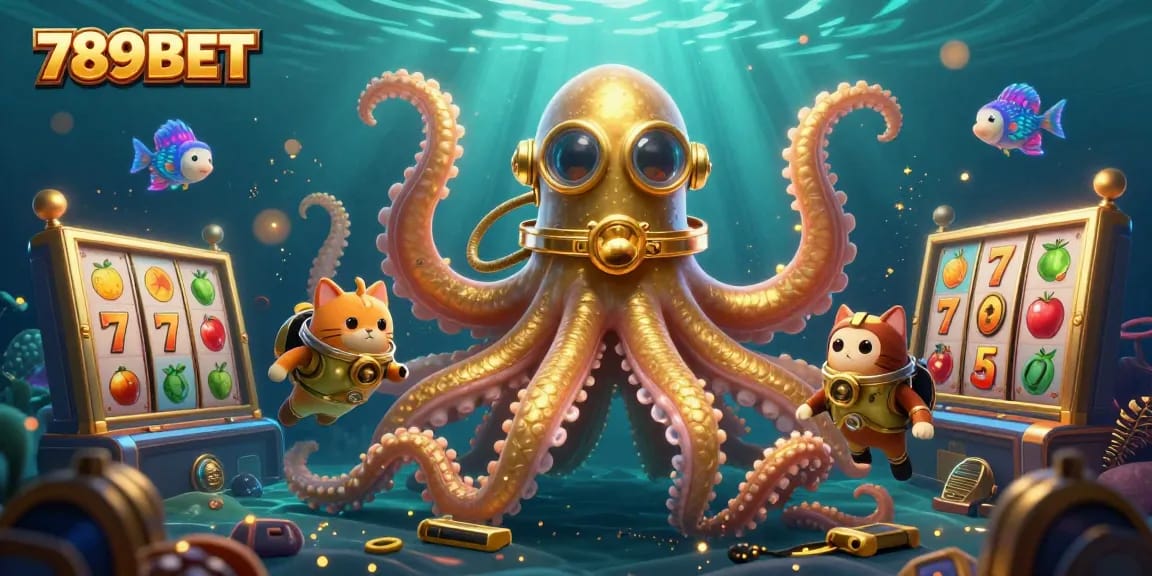 Experience excitement with 789BET's jackpot slots featuring a colossal kraken and diving cat.