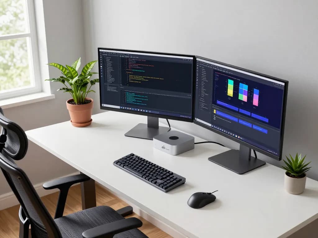 Developer using Mac mini at a modern workspace with dual monitors and coding setup.