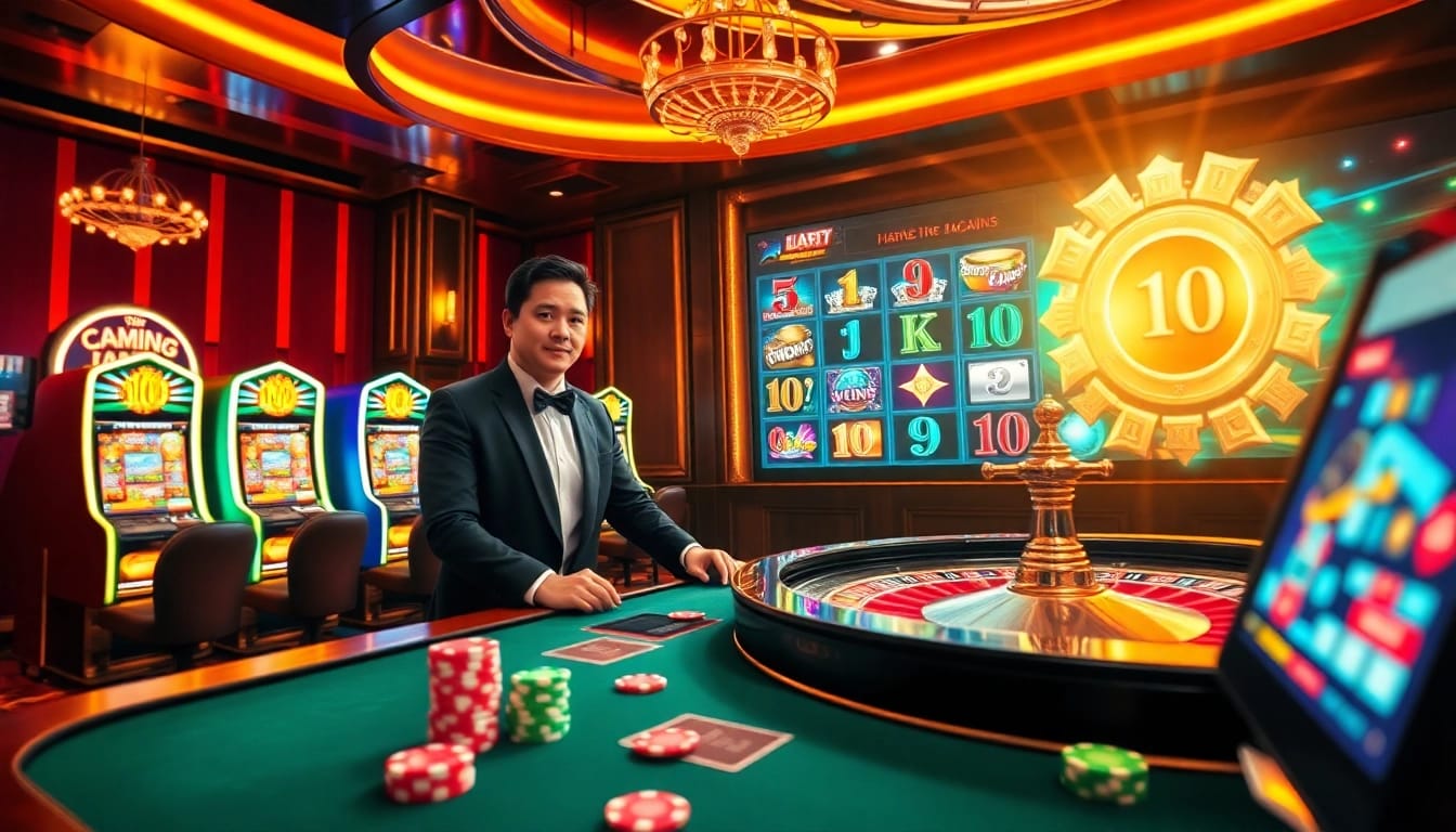 Experience the excitement of online gambling at https://lc88.art/ with a captivating casino scene featuring roulette and poker components.