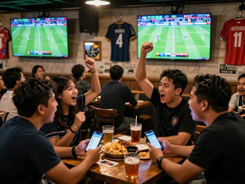 Fans celebrating kèo nhà cái bets at a lively sports bar during a football match