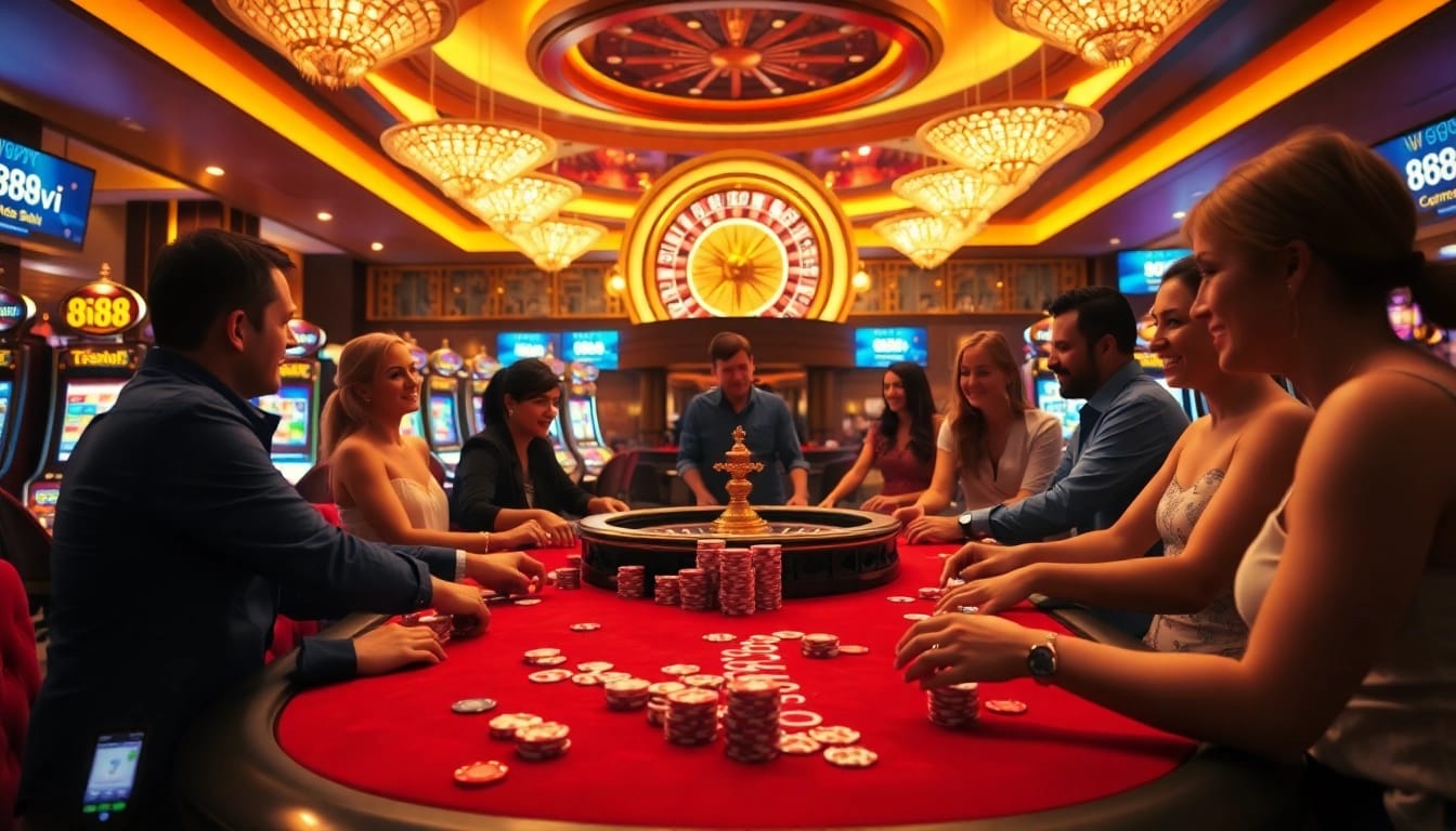 Experience the excitement of 888vi with players at a high-stakes poker table in a luxurious casino setting.