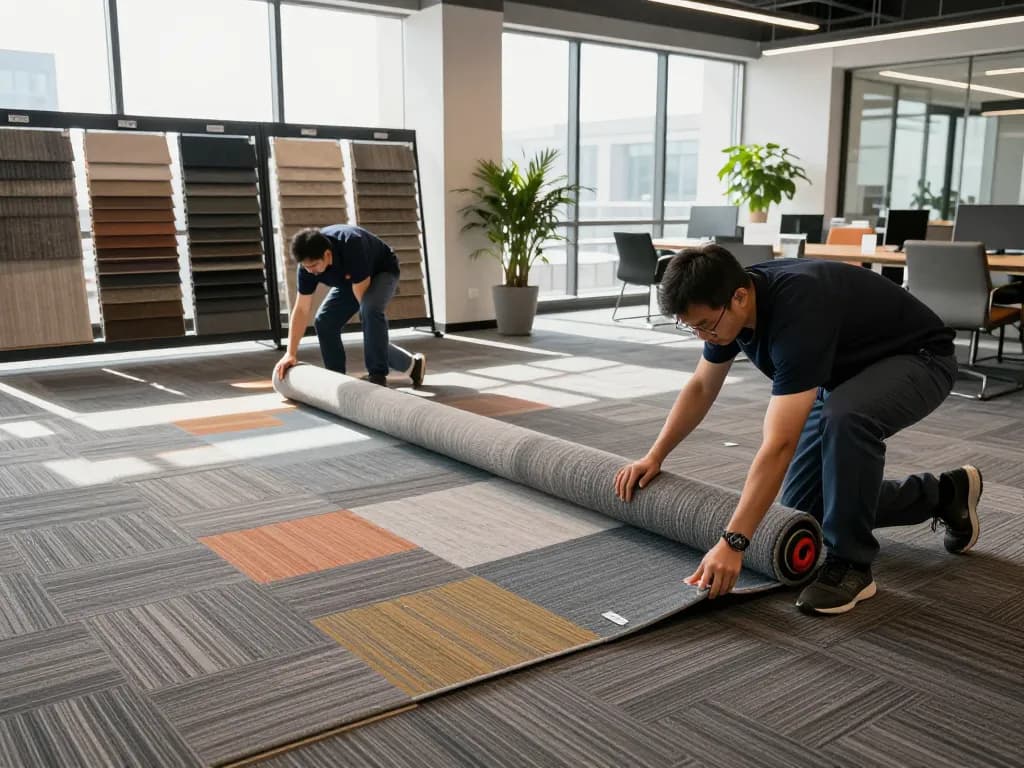 Professional team performing commercial carpet installation in a bright office setting with diverse color options.
