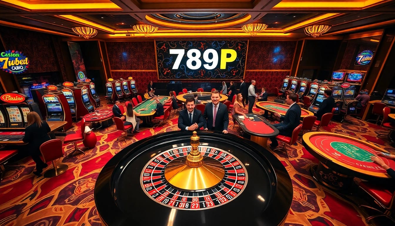 Excited gamblers enjoying games at 789P casino with vibrant roulette and slot machines.