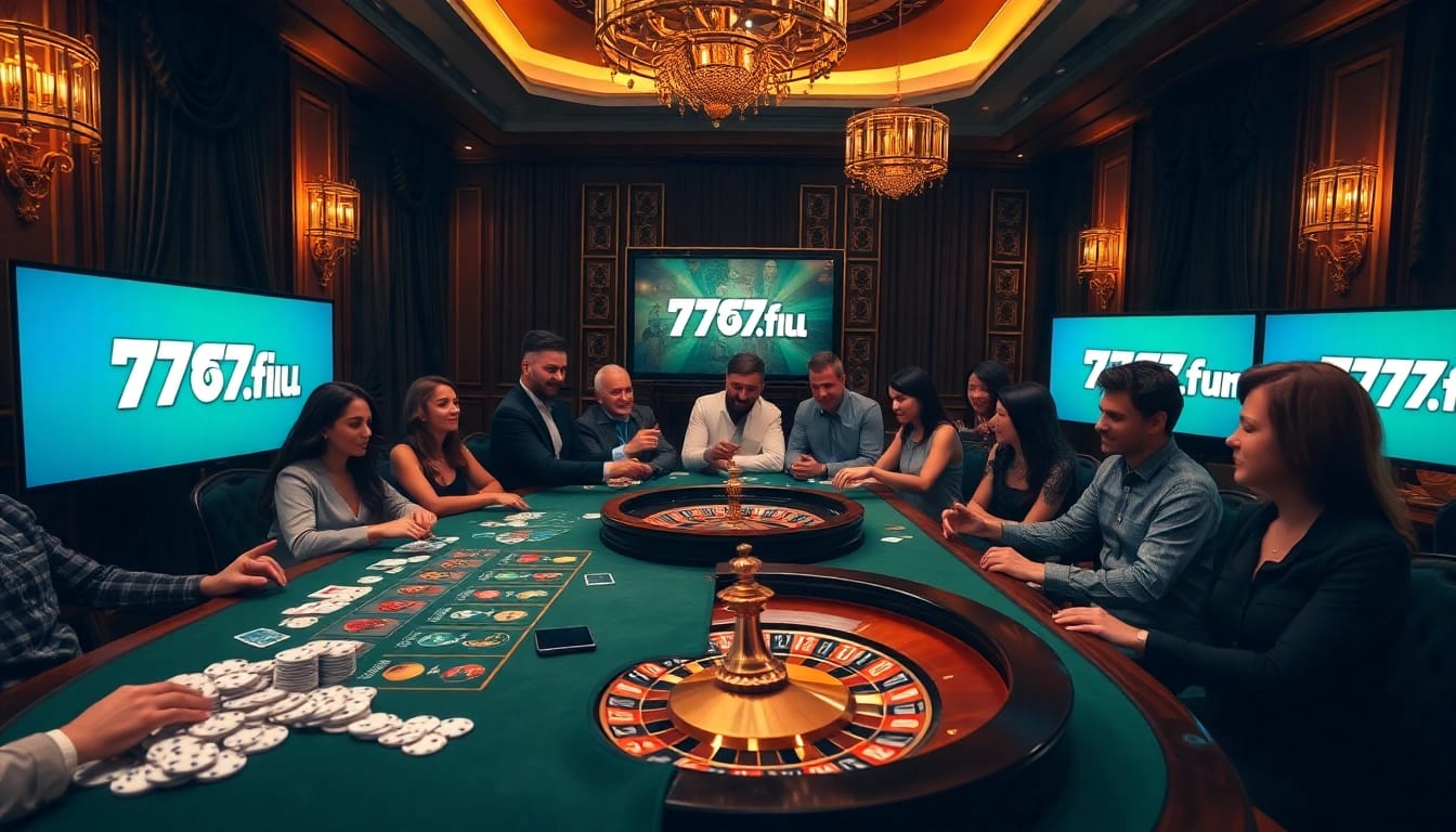 Players enjoying exciting games at https://77ball.fun/ casino, surrounded by elegant chip stacks and vibrant roulette wheels.