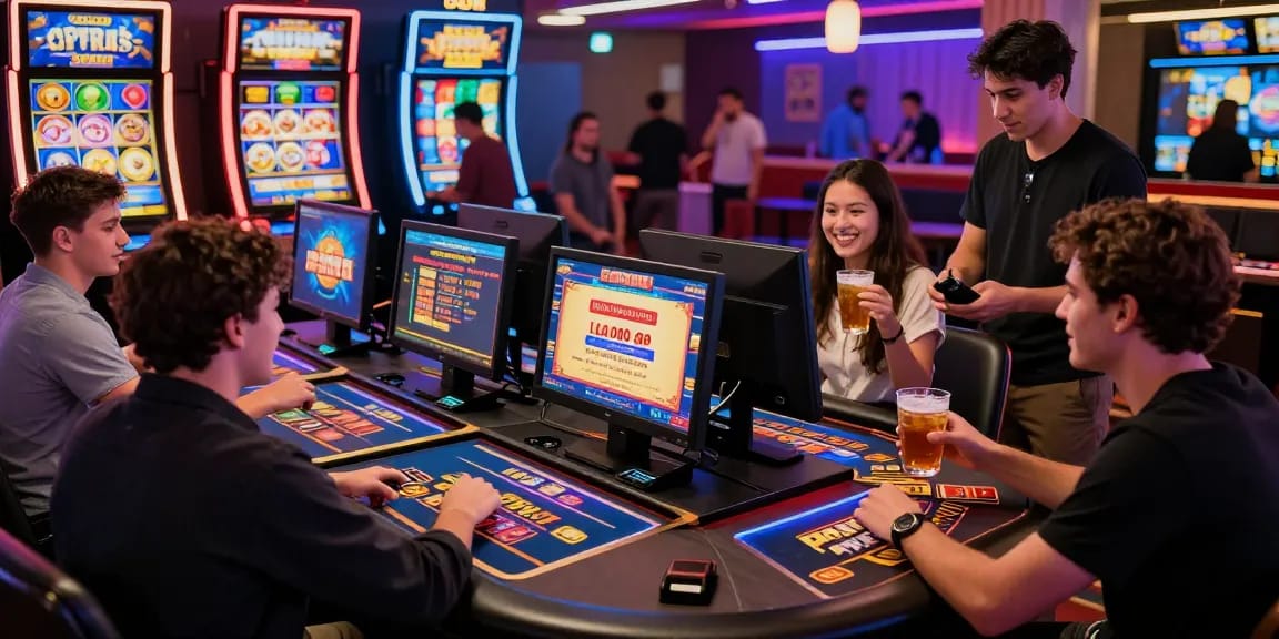 Engaging players celebrating wins at a credit card casino with vibrant slots and interactive games.