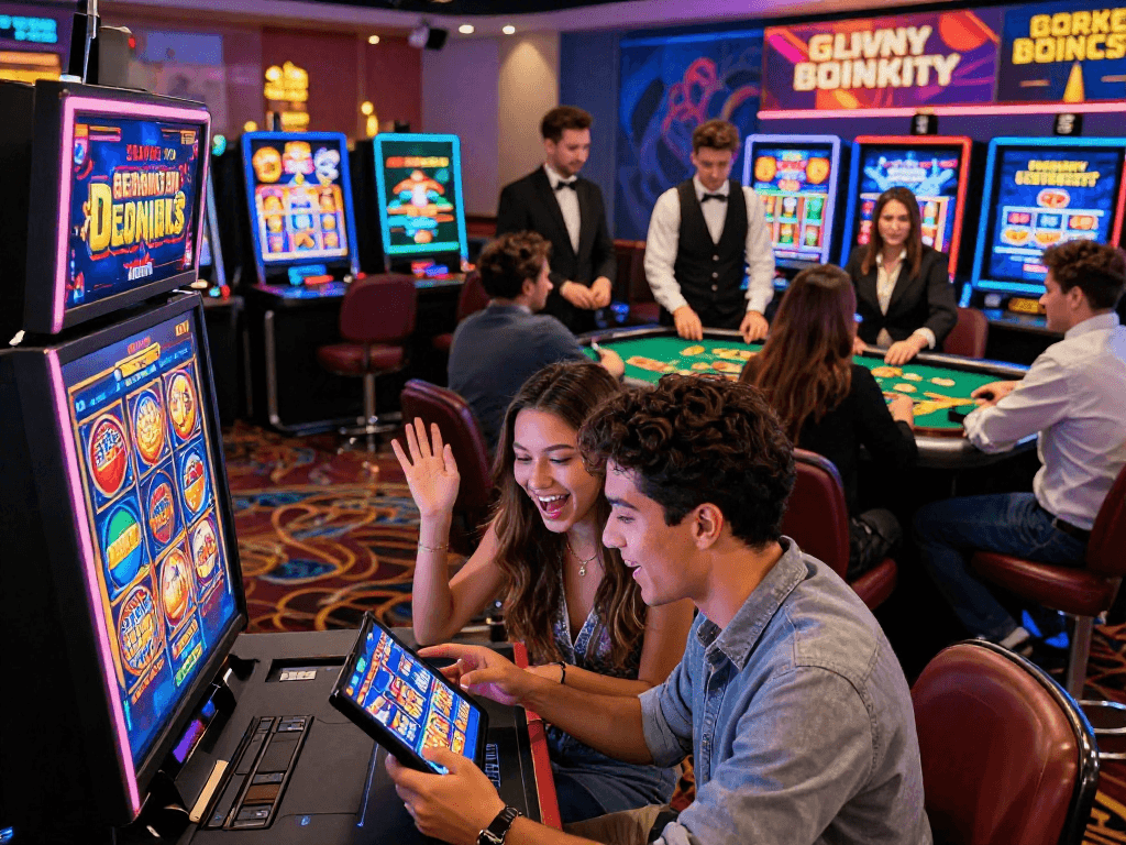 Exciting scene of diverse players enjoying USA online casinos for UK players, showcasing vibrant games and promotions at https://aboutobo.com.