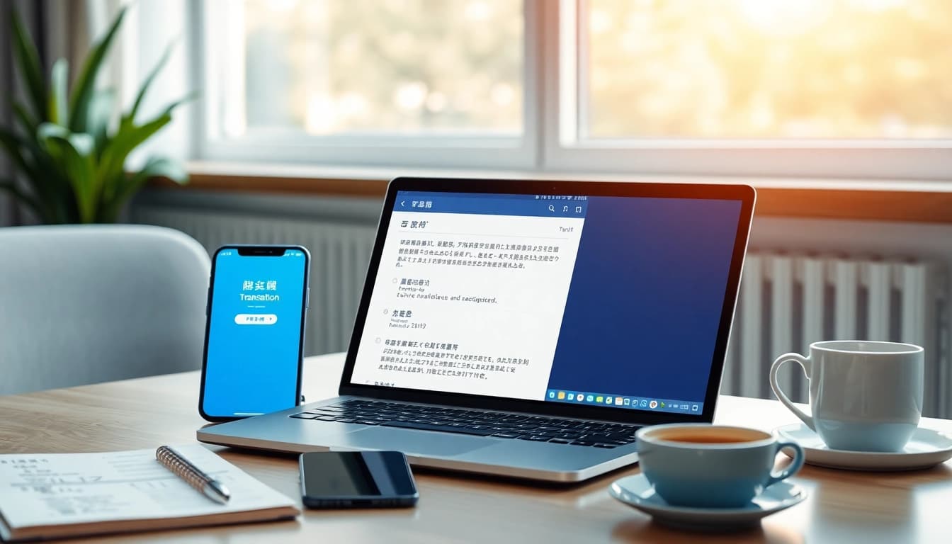 Engaging workspace with 有道 translation app on laptop, showcasing technology and learning.