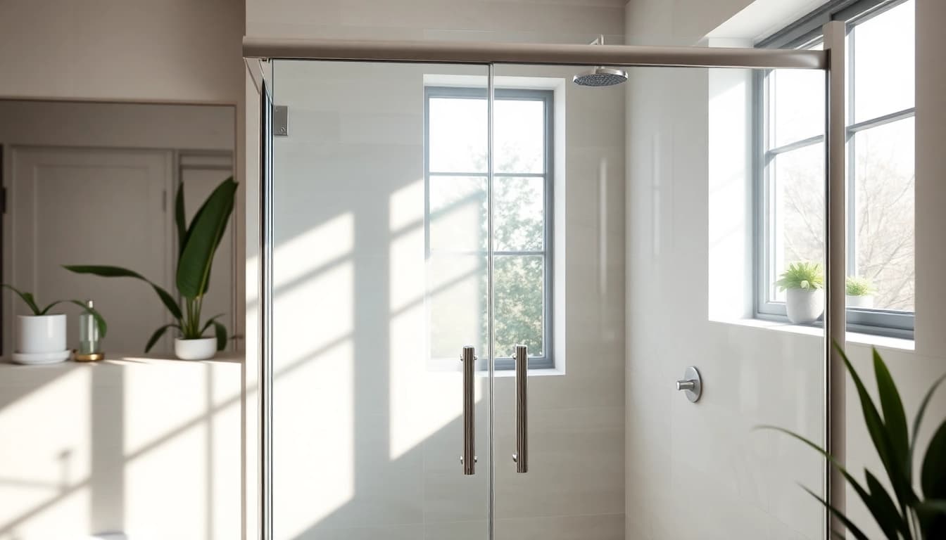 Showcasing sliding shower doors with elegant glass design and chrome fittings.