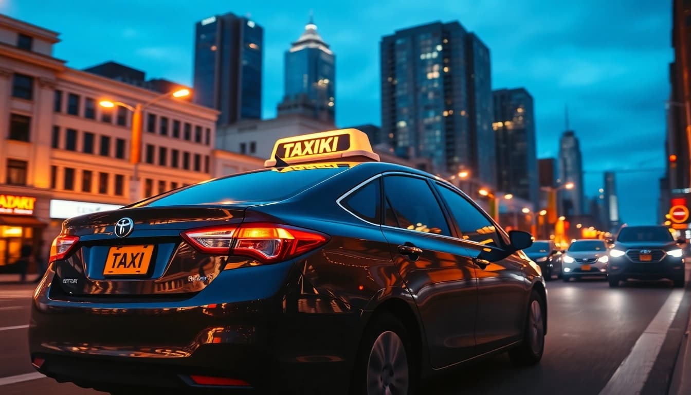 Taxi in a busy urban setting with illuminated fare signs highlighting its modern design.