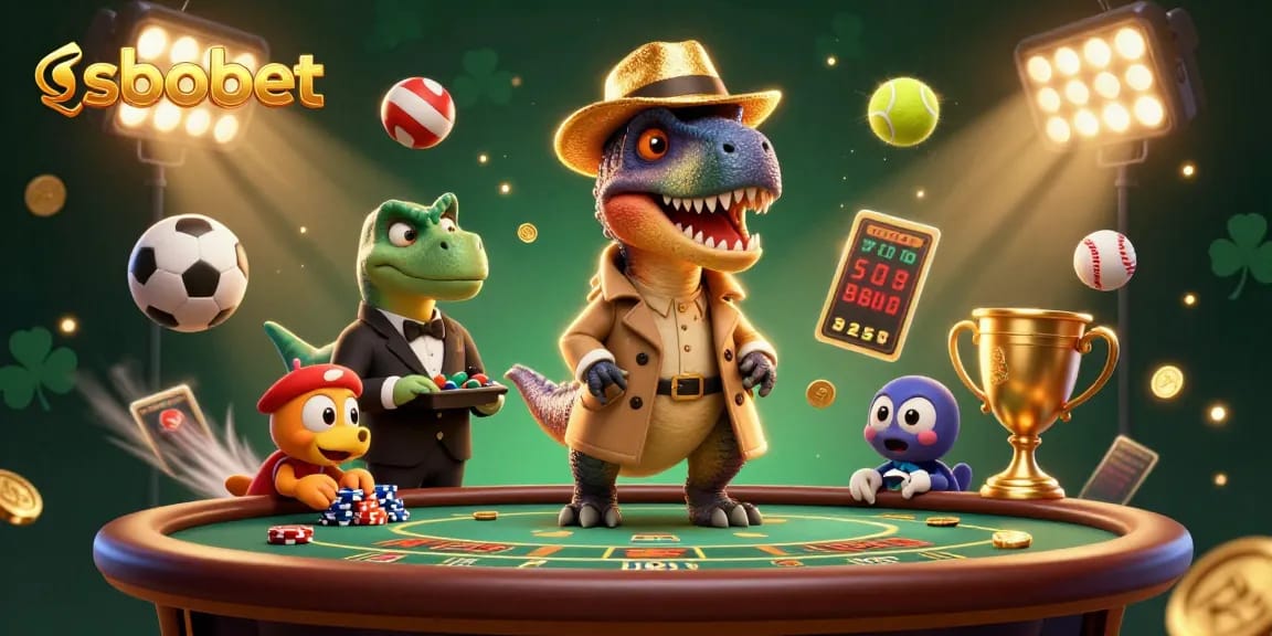 SBOBET sports betting scene with a velociraptor card counter and a stegosaurus pit boss, showcasing dynamic gambling elements.