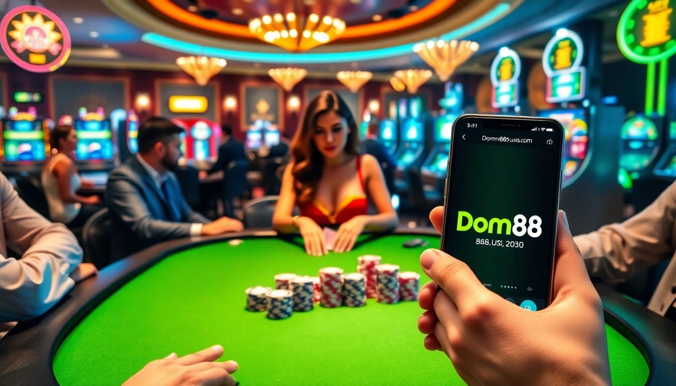 Experience the excitement of dom88.us.com at a luxury casino poker table with vibrant colors.