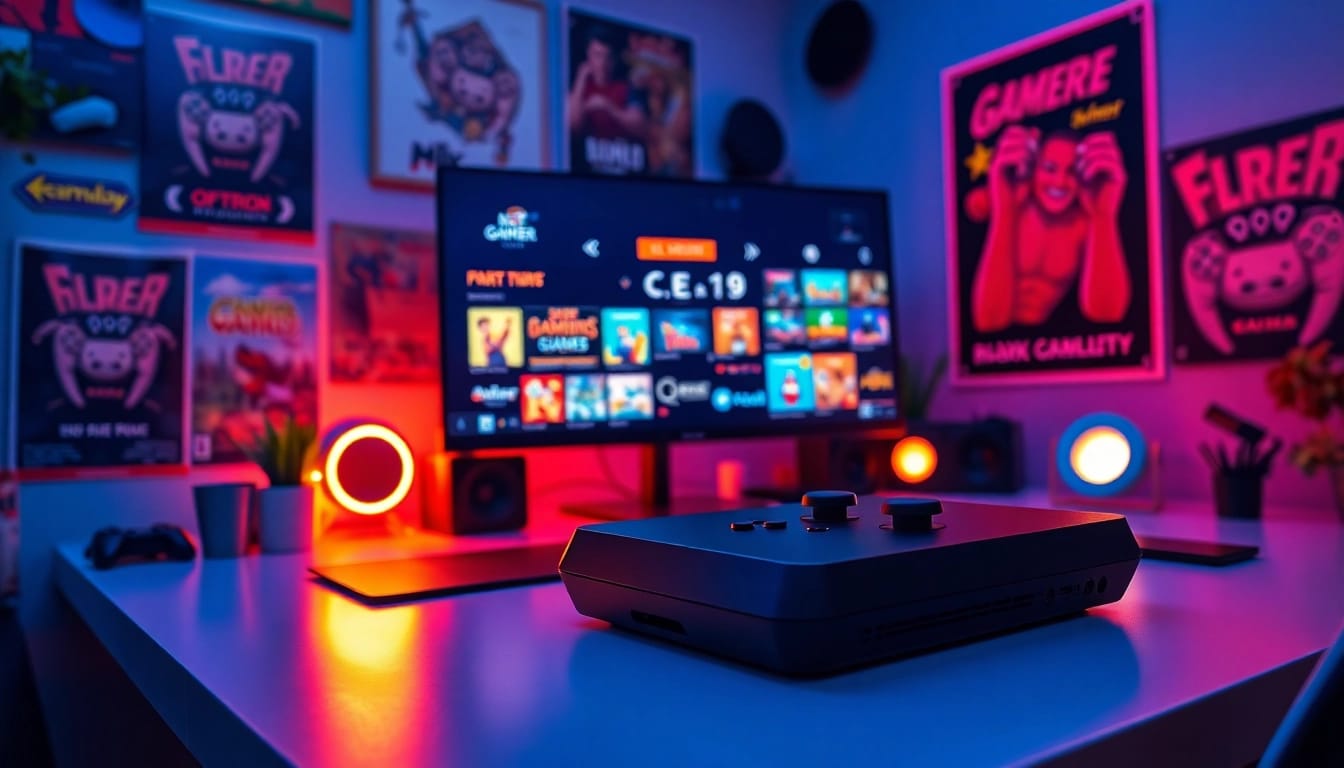 Dynamic gaming setup showcasing a game emulator console and vibrant retro decor.