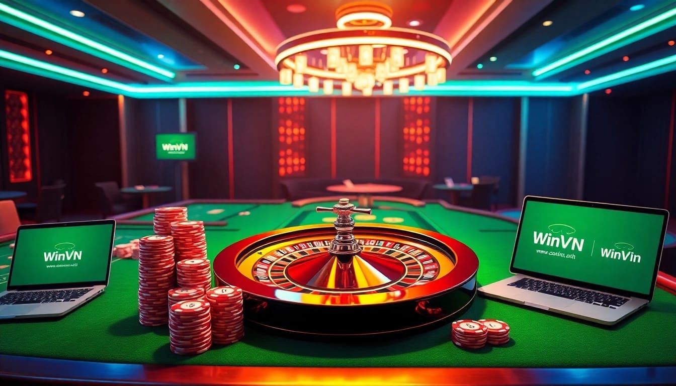 Winvn.wiki showcases an exciting online gambling experience with vibrant casino elements.