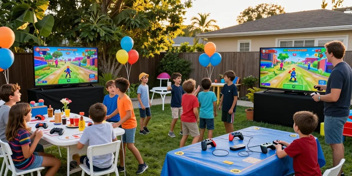 Boys birthday party with kids gaming outdoors, colorful screens, laughter, and festive decorations.