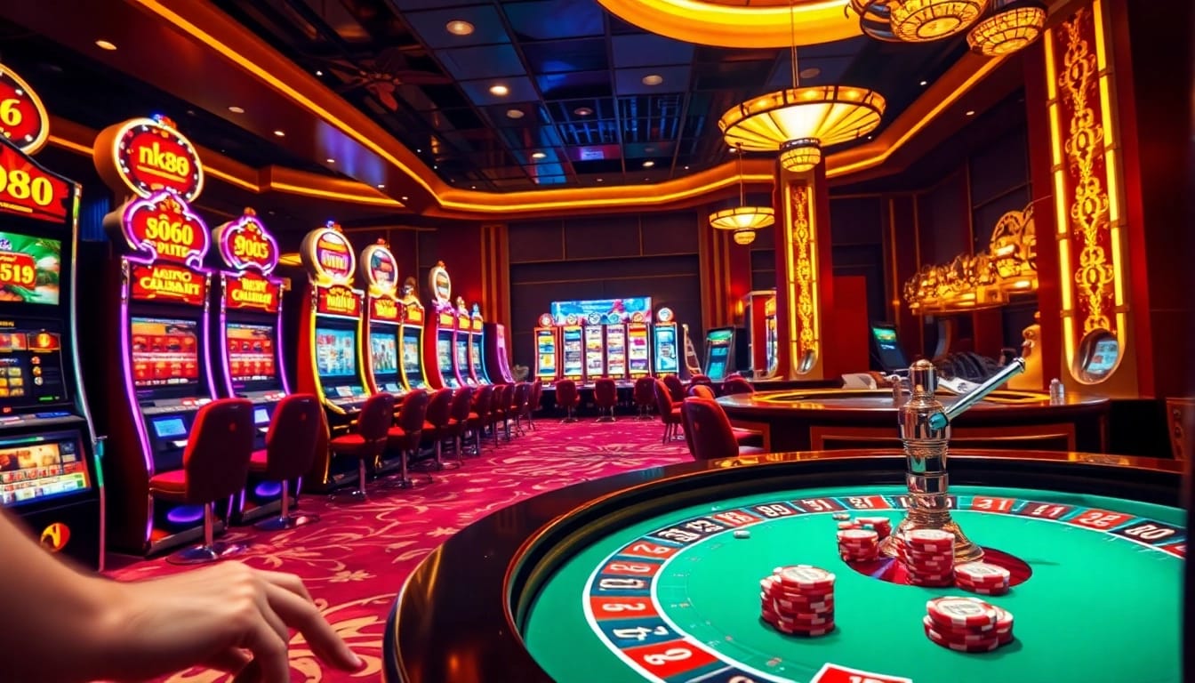 Exciting casino environment showcasing nk88 trang chủ with vibrant slot machines and poker action.