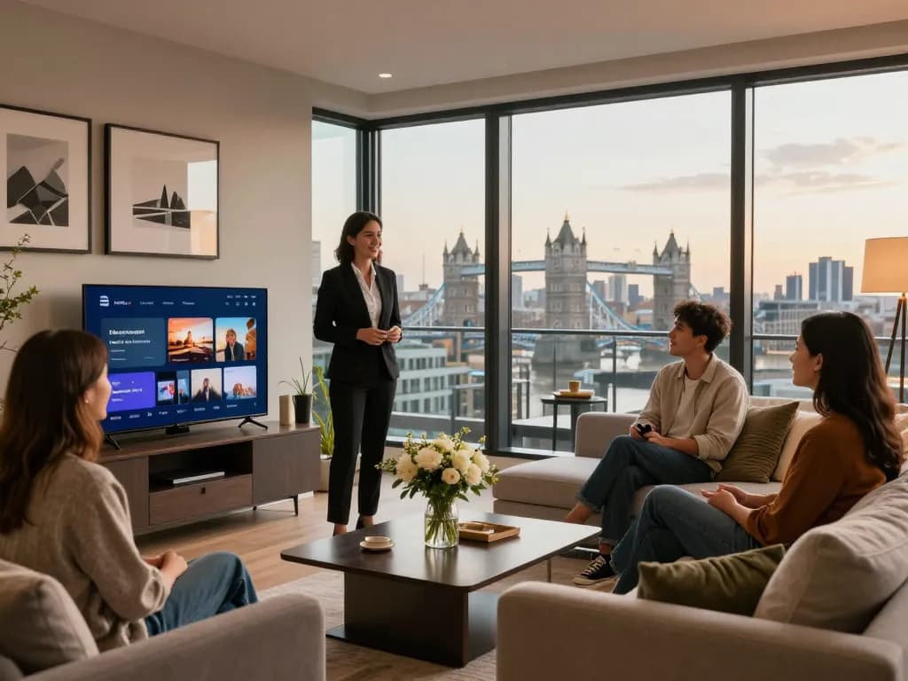 Engaging airbnb management london scene in a stylish London apartment showcasing property features and manager interactions.