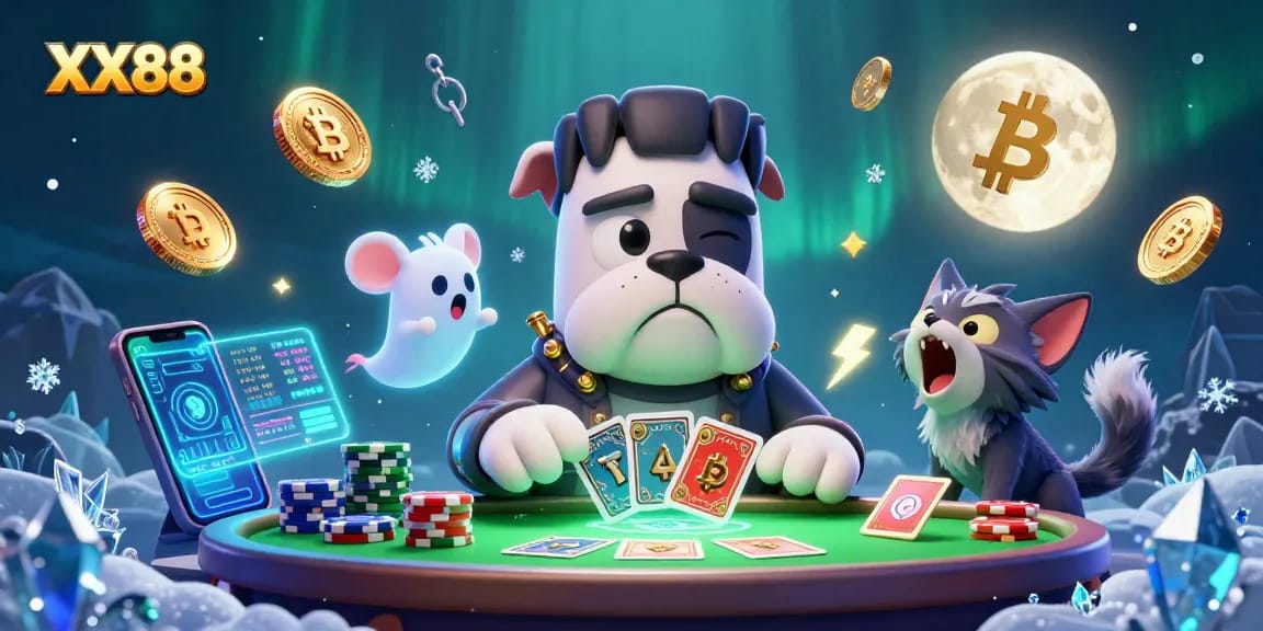 Engage in thrilling card games with XX88's lively 3D cartoon characters at a neon-green casino table.