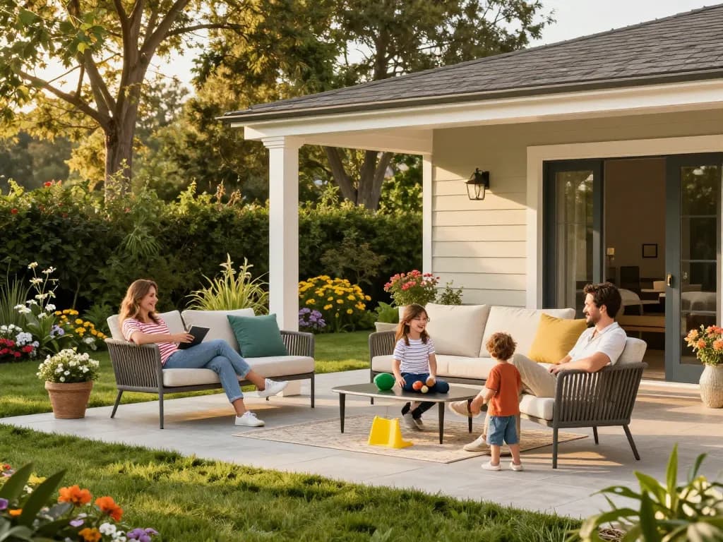 Veranda configurator showcasing a family enjoying a customizable outdoor space with vibrant garden elements.