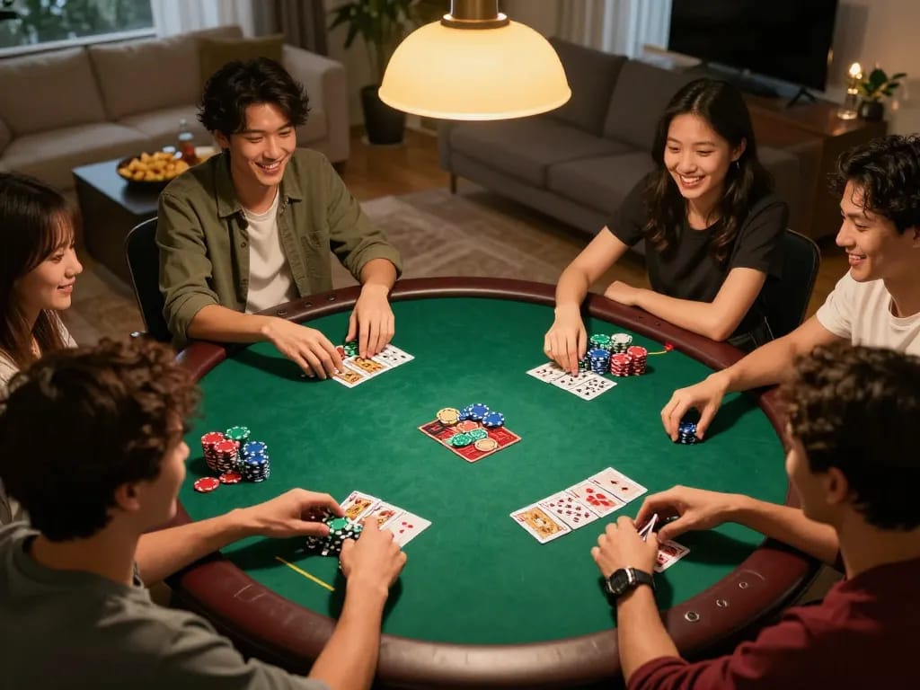 Friends engaged in a poker game at home, showcasing an exciting 789club experience with poker chips and cards.