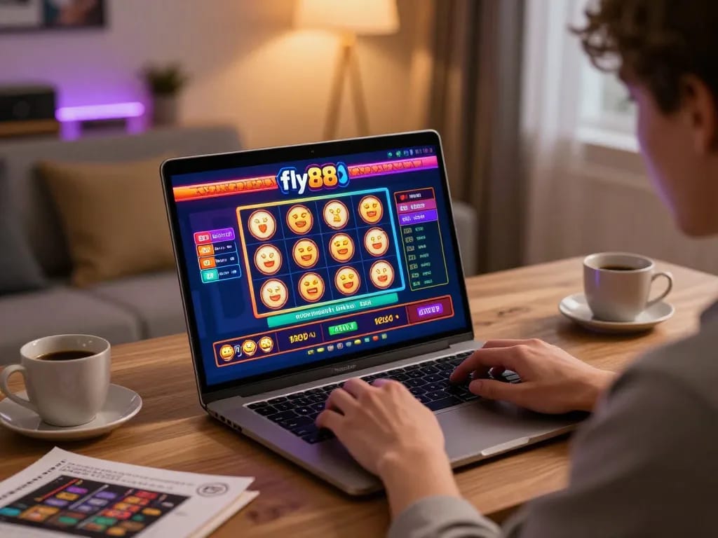 Engage in thrilling online gameplay at fly88, showcasing a vibrant gaming interface and cozy setup.