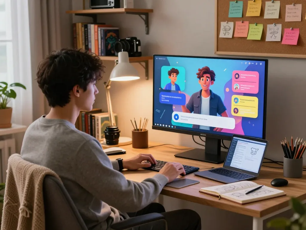 User engaging in a cozy home office with vibrant AI character chat on screen, exploring crush on ai.