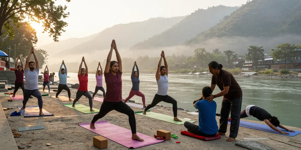 Yoga teacher training in Rishikesh India with diverse students practicing asanas at sunrise by the Ganges.
