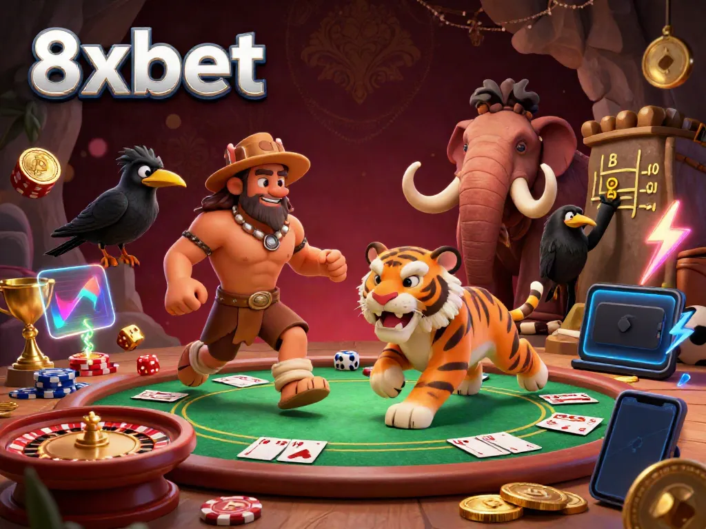 Engaging portrayal of 8xbet's prehistoric casino scene with vibrant sports betting elements.