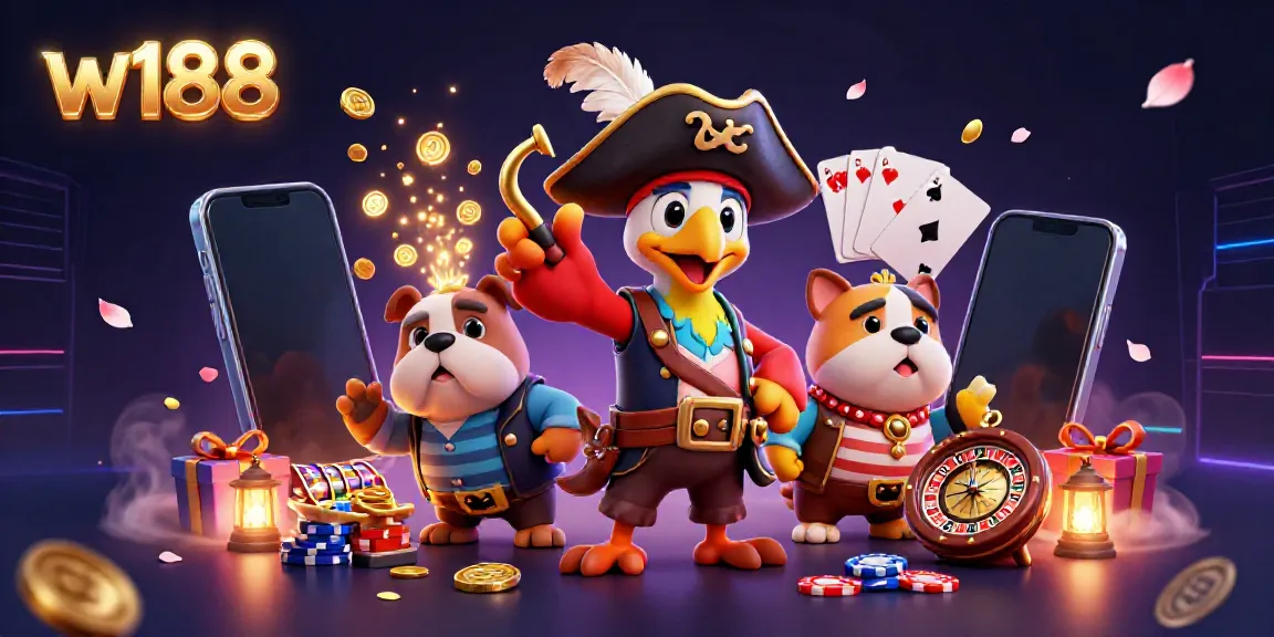 Engaging w188 scene showcasing a pirate captain, bulldog, and cat amid dynamic casino elements like slot games and coins.