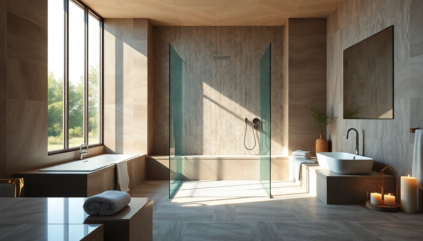 Experience elegant showers in a luxurious bathroom with natural light and modern design.