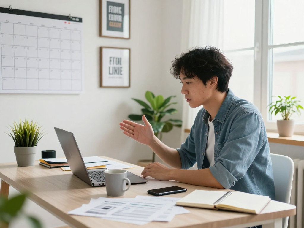 Self-employed professional engaging in a video call in their modern home office, showcasing an organized workspace and a productive atmosphere.