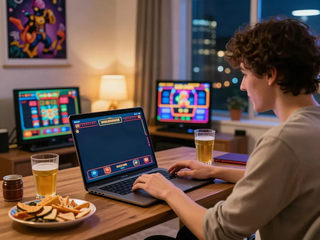 Engaging scene of a person enjoying casinos not on gamstop at home with vibrant gaming on laptop.