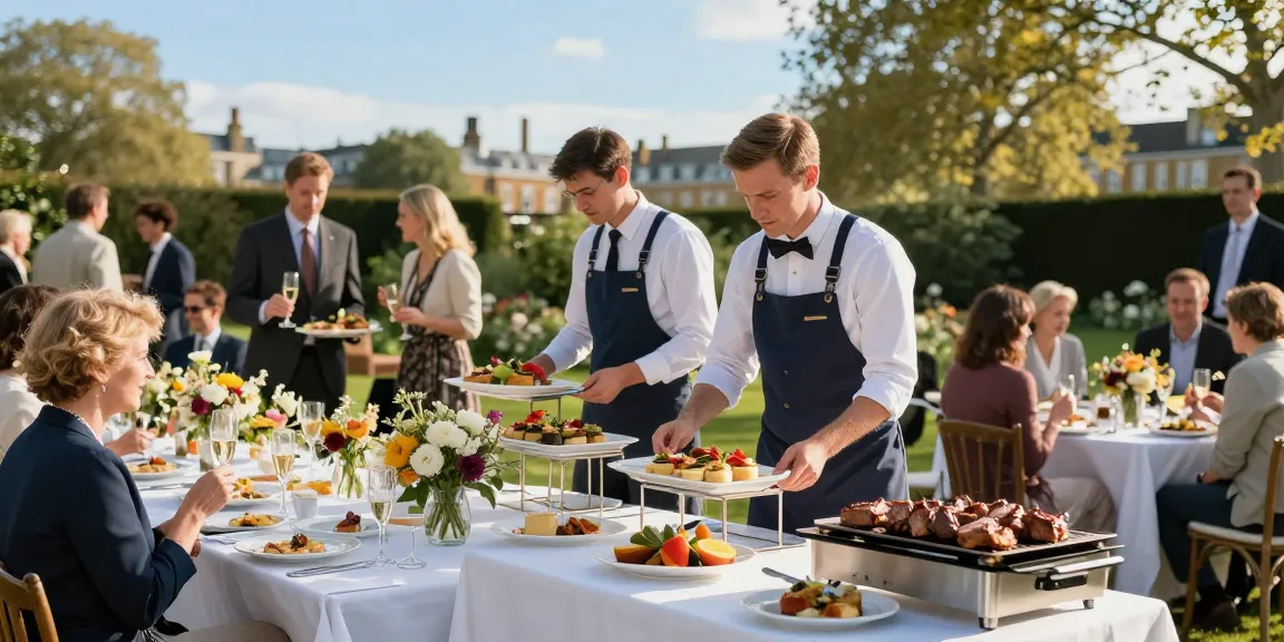 Catering Hire London event with guests enjoying a beautifully arranged buffet in a garden setting.