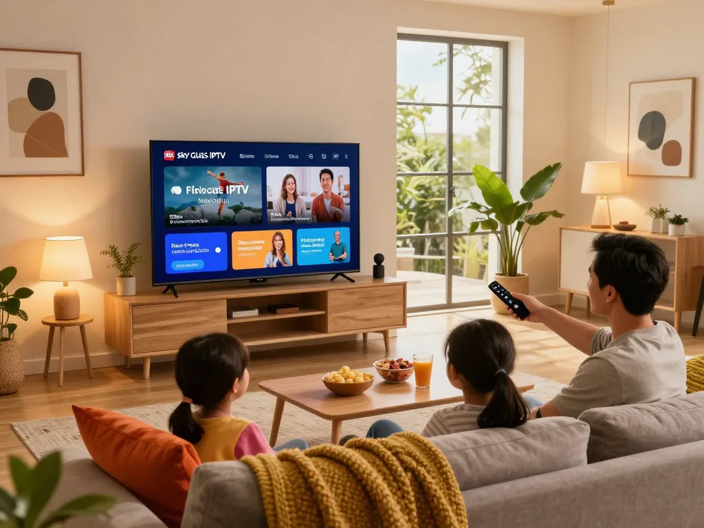 Family enjoying Sky Glass IPTV Subscription in a cozy living room with Smart TV and snacks.