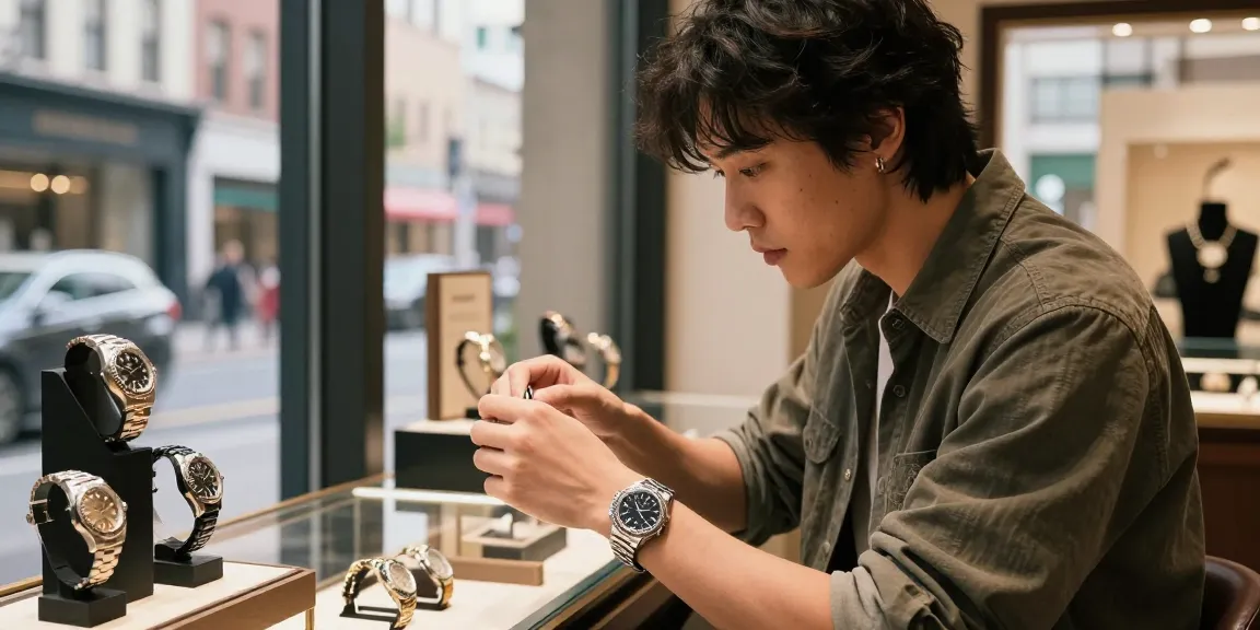 Replica watch displayed in an elegant setting with fashionable individual highlighting craftsmanship.