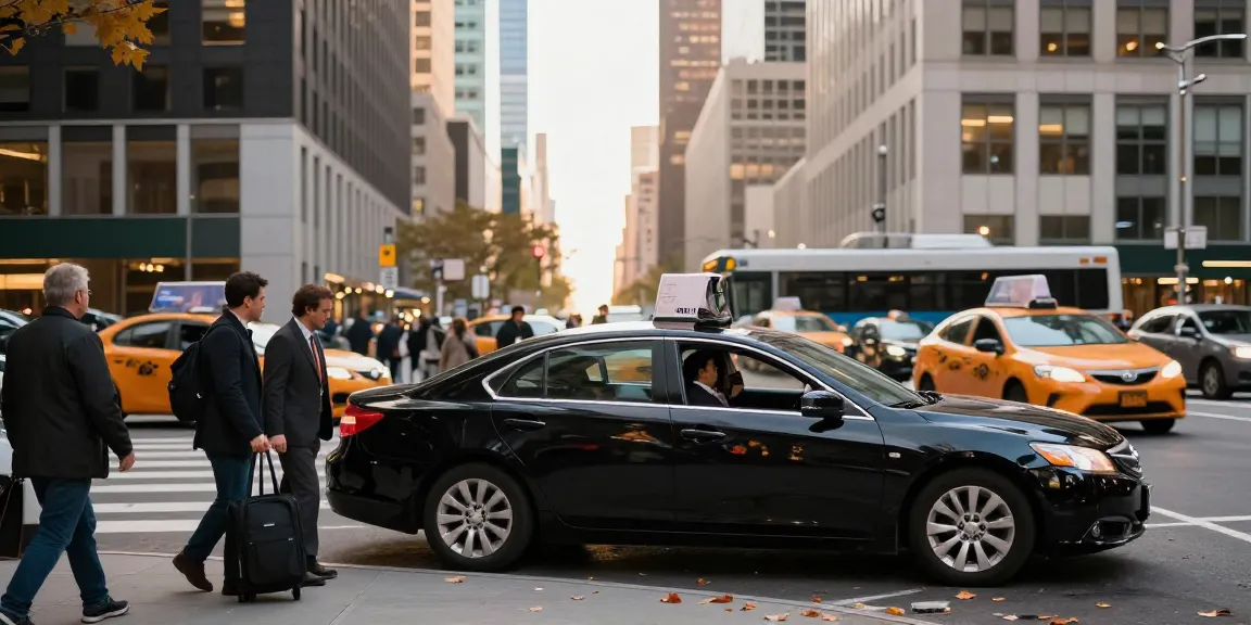 Professional car service NYC showcasing a black sedan, driver in suit, and urban backdrop.