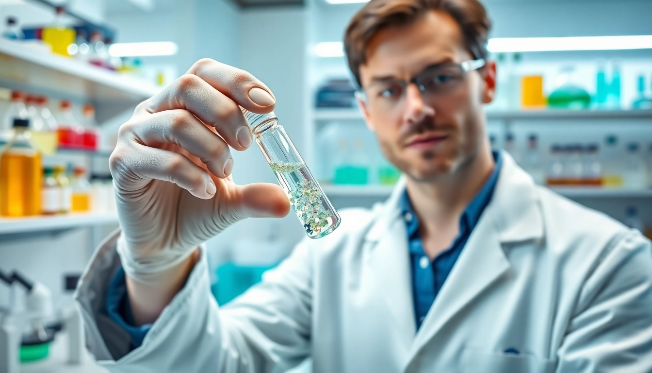 Exploring Peptides in a professional laboratory setting with a scientist examining a vial.