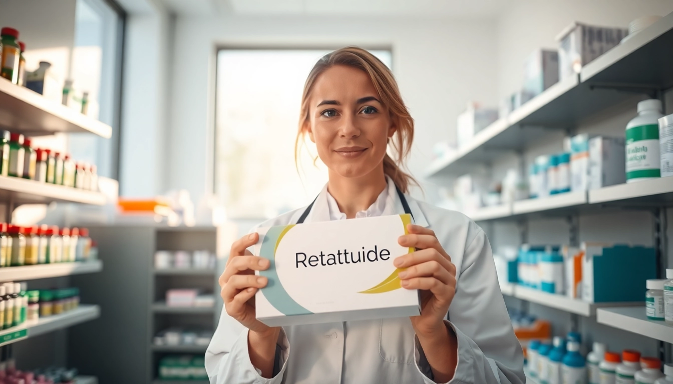 Buy retatrutide displayed in a professional pharmacy setting with a focused pharmacist.