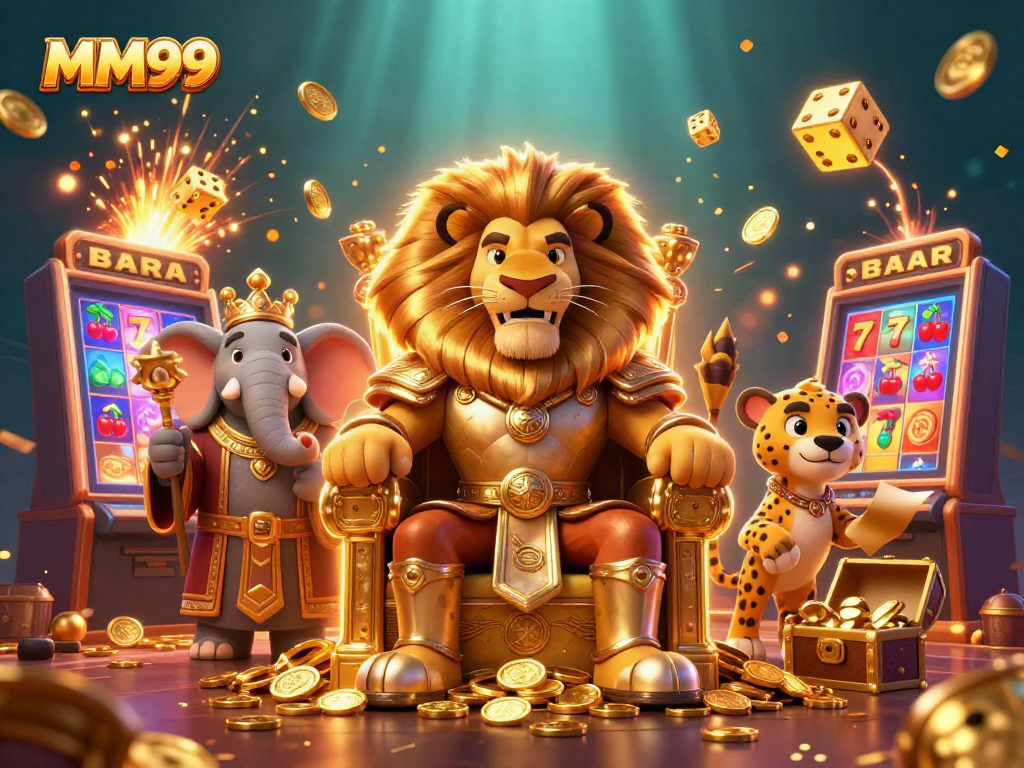 Engaging visual of MM99 featuring a lion king, elephant, and cheetah amidst vibrant casino elements.