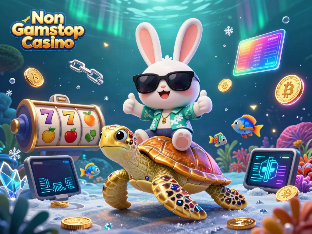 Experience excitement at a Non Gamstop Casino with a lively rabbit and golden turtle illustration.