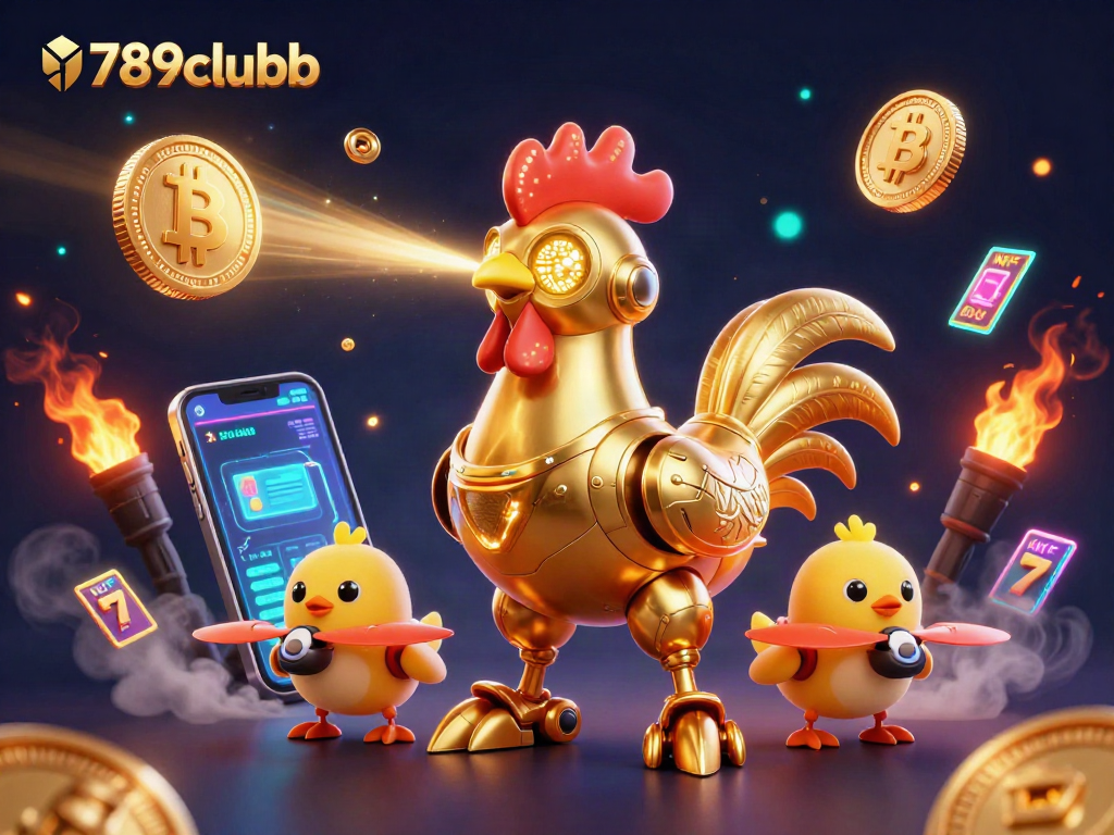 Engage with 789clubb's dynamic gaming scene featuring a golden rooster robot and lively Bitcoin elements.