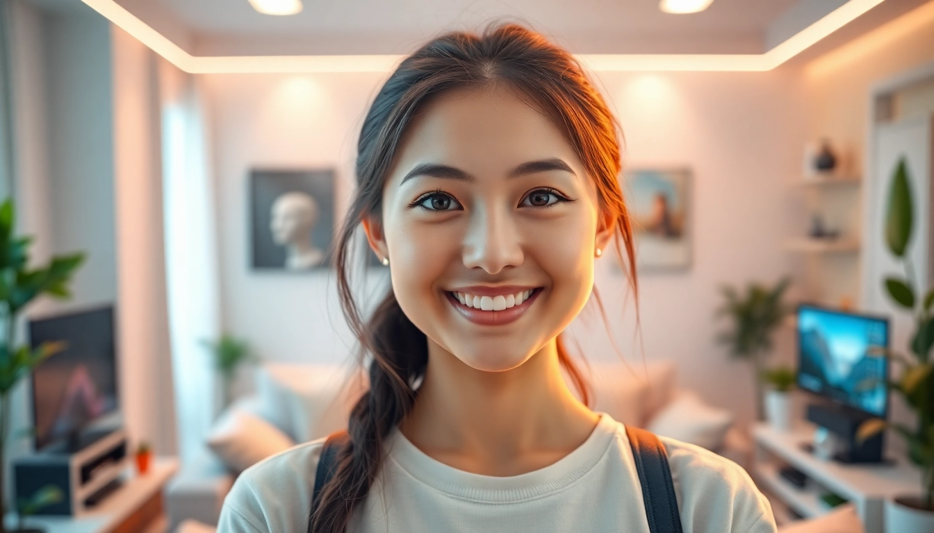 AI girlfriend character in a cozy, futuristic setting inviting friendly interaction.