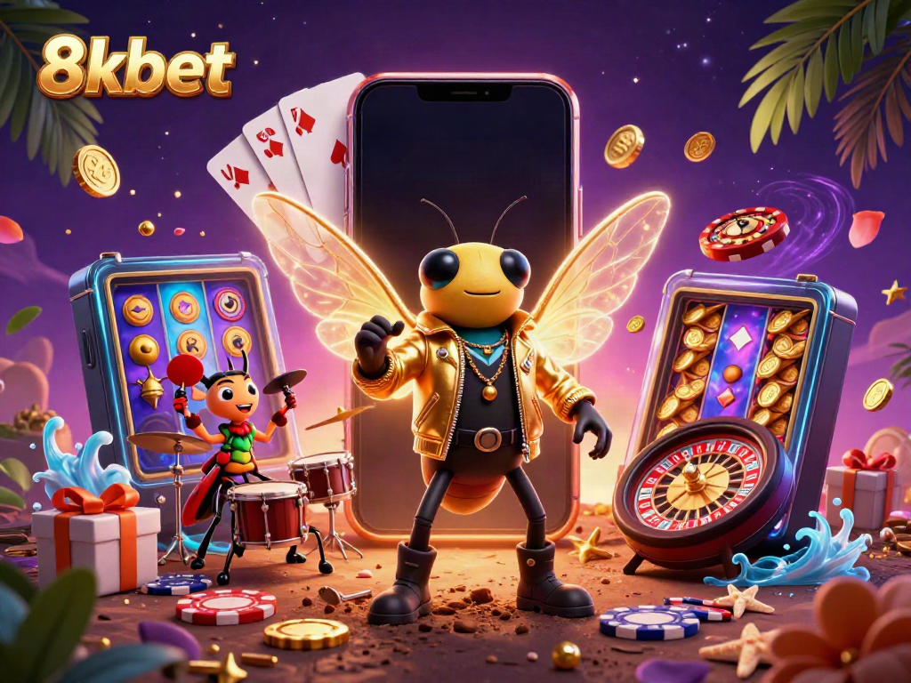 8xbet showcases a dynamic scene with a rock star cicada, drummer beetle, and winning slots action.
