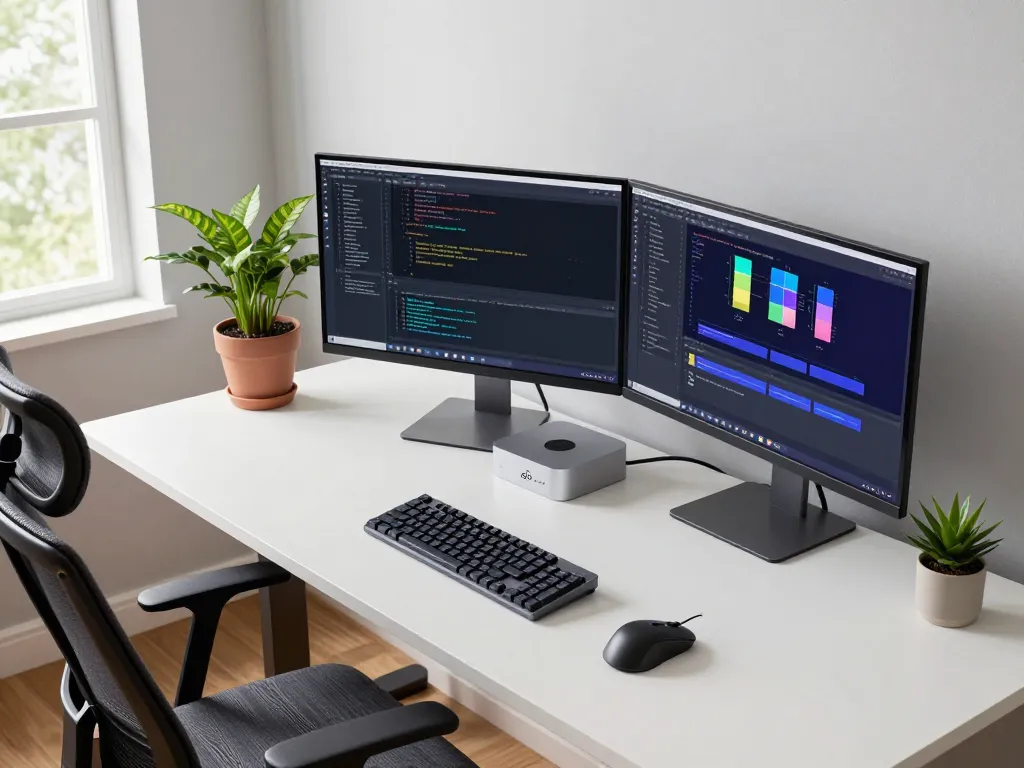 Developer using Mac mini at a modern workspace with dual monitors and coding setup.
